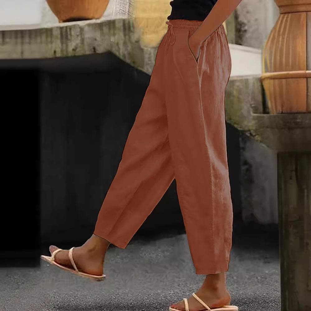Women's Cotton Linen Trouser Solid Color Elasticated Waist Trousers Casual Straight Leg Bottoms with Pockets M light brown