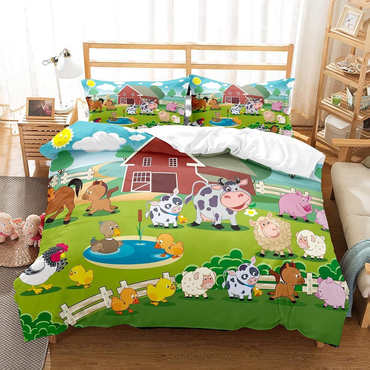 Farm Animals King Queen Duvet Cover Kids Cartoon Cow Bedding Set Deer Wooden House Chick Quilt Cover Polyester Comforter Cover 70x133cm 2pcs