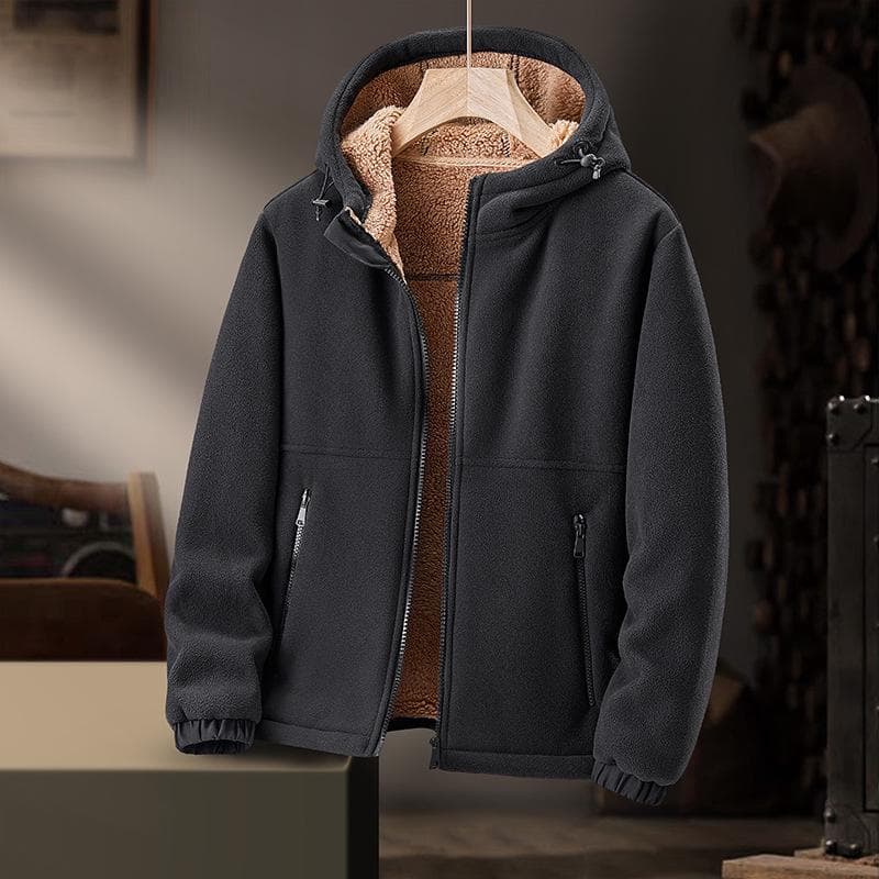 Men's Heavyweight Fleece Hooded Jacket - Thick, Warm, Casual Lamb Fleece Cardigan for Autumn and Winter. M black