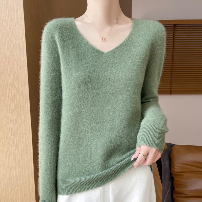 Women's 100% Pure Wool Loose Knitted Pullover Sweater for Autumn/Winter V-neck, M turquoise