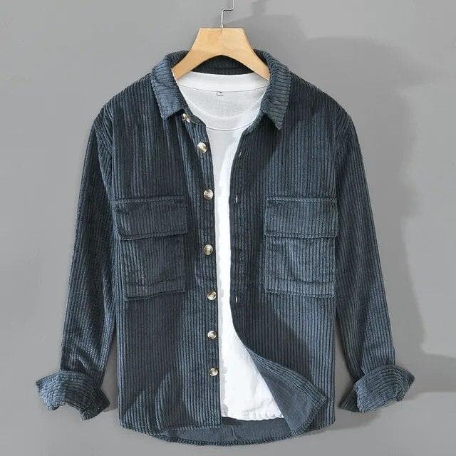 Autumn Winter Men's Shirt Pure Cotton New Casual Cargo Long Sleeve Top Lapel Collar Pockets Corduroy Shirts Youth Fashion Clothing XXL blue