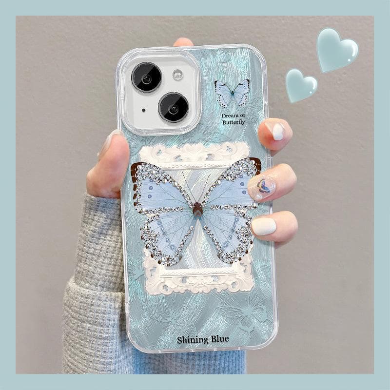 Applicable To Apple 15 Mobile Phone Case Summer Iphone14 Rhinestone Blue Butterfly Stand 13 Feather Yarn Laser 12 Advanced iPhone SE (2nd Generation)