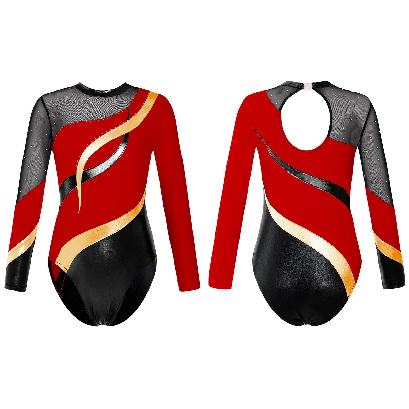 Girls Dance Gymnastics Leotard Long Sleeve Shiny Rhinestones Decor Patchwork Style Bodysuit Children 9-10 Years red