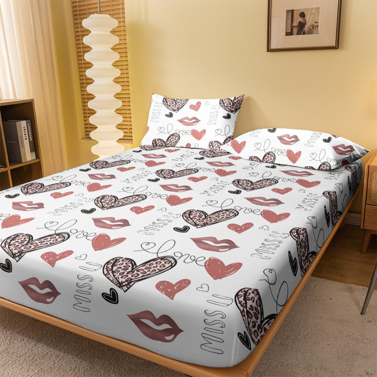 1 Simple Modern Heart-Shaped Geometry Printed Matte Fitted Sheet, Bedroom Printed Bed Cover, Bedding (Excluding Pillowcases) 100x200cm