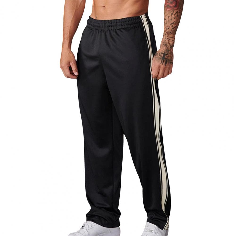 Men Sport Pants Loose Straight Wide Leg Elastic Waist Soft Breathable Side Stripe Solid Color Gym Traning Jogging Sweatpants Ful L