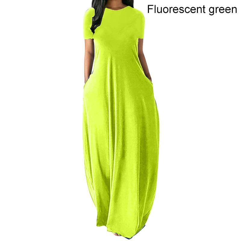 Women Casual Loose O-Neck Long Dresses Short Sleeve Summer Beach Dress Elegant Evening Party Dress M fluorescent green