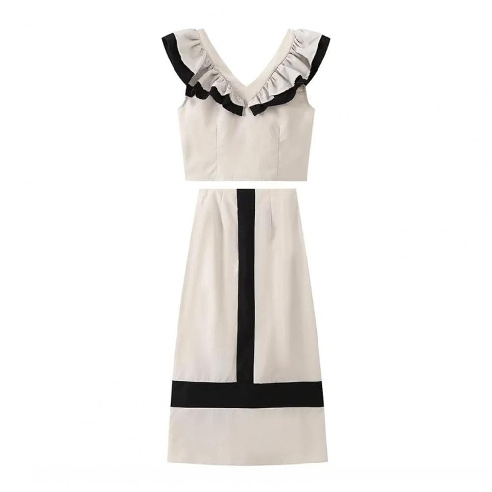 2 Pcs/Set Women Top Skirt Set V Neck Ruffle Sleeveless Pleated Top Slim Fit High Waist Color Matching Maxi Skirt Vacation Commut S beige