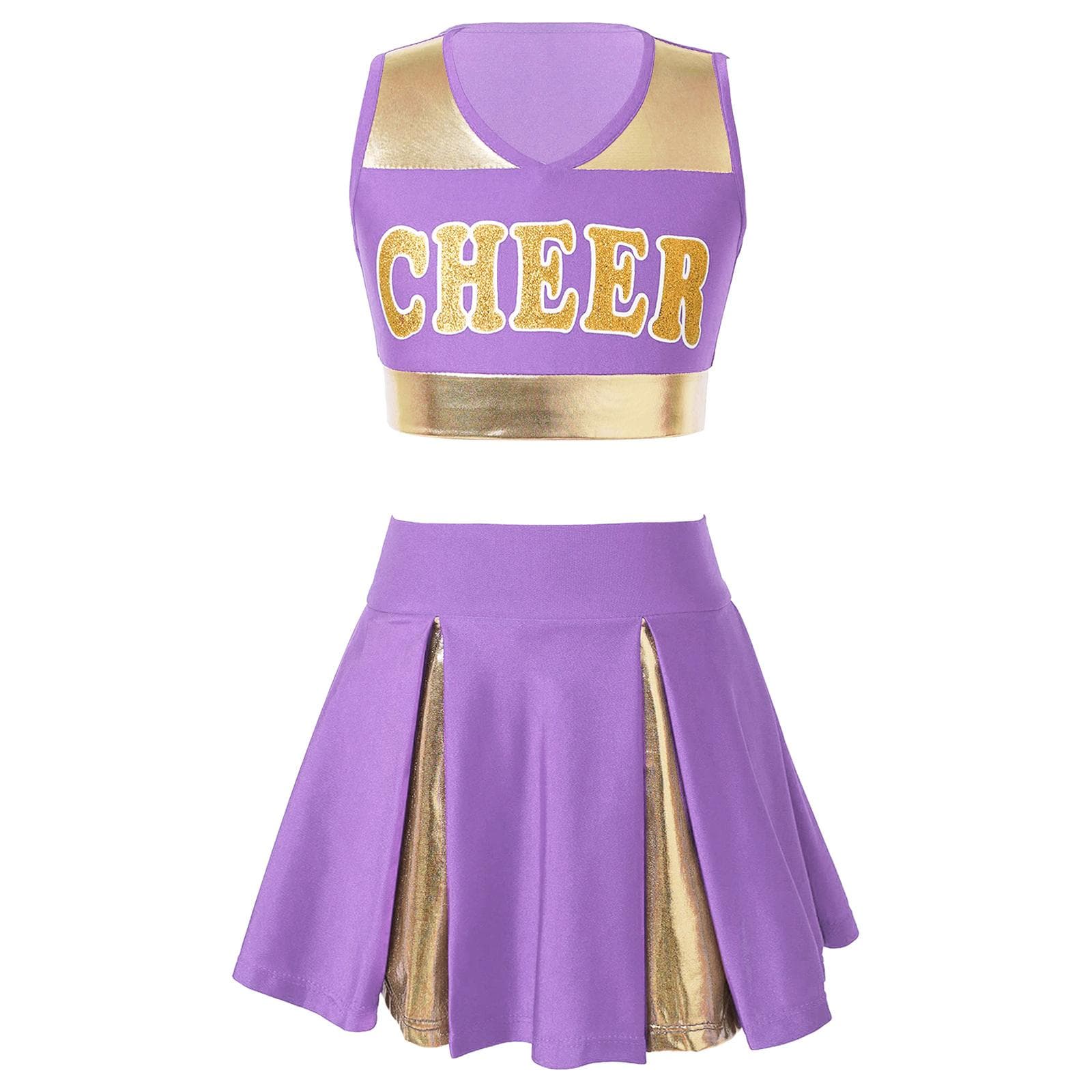 Girls Cheerleading Dance Set Patchwork Crop Top V Neck Letter Print with Elastic Waist Skirt 15-16 Years lavender
