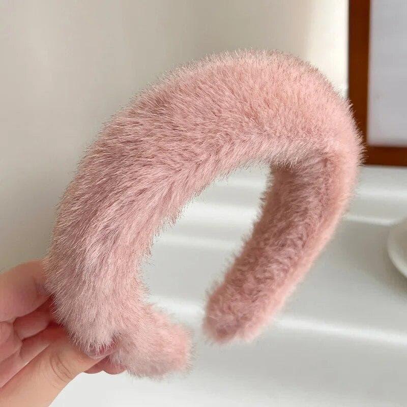 Women Girls Plush Widen Thicken Plush Hair Bands Faux Fur Headbands Soft Fluffy Furry Hair Hoops Winter Headdress pink
