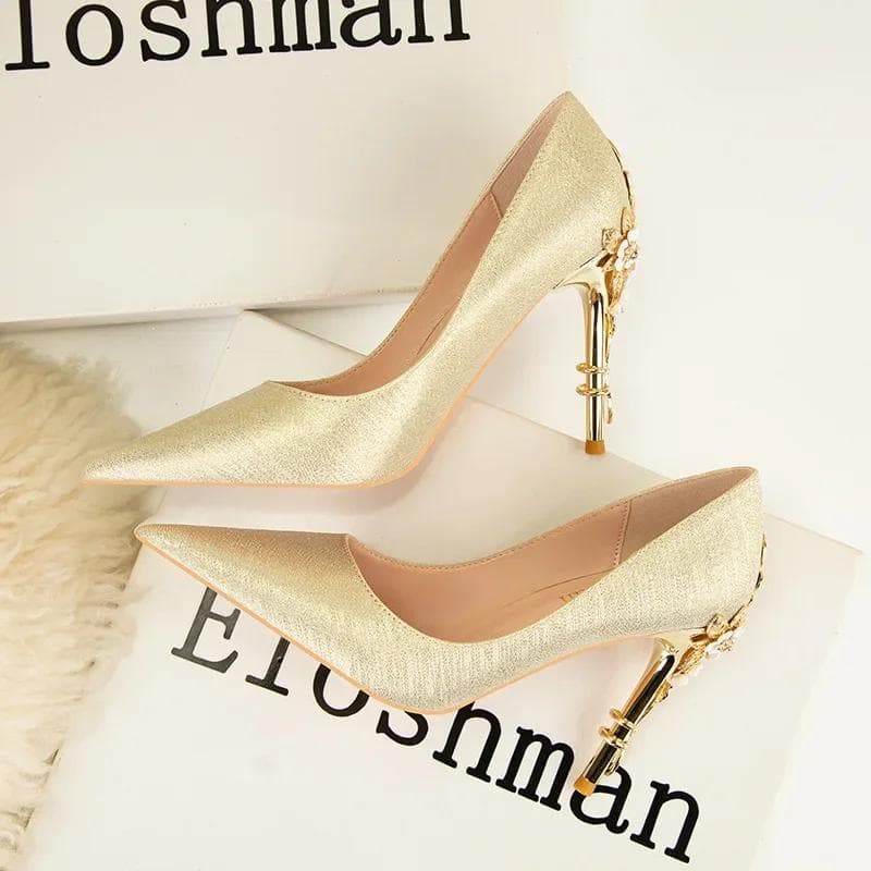 High End Metal Flower High Heels New European American Fashion Luxury Sexy Pointed Women's Shoes Banquet Party Casual Shoes 35 gold