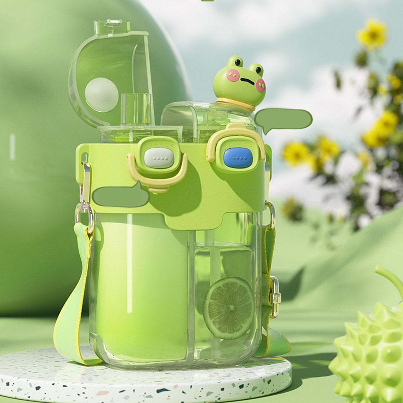 Kawaii Water Bottle Fashion Plastic Double Drinking Water Bottle with Straw Adjustable Strap for Lime 780ml green