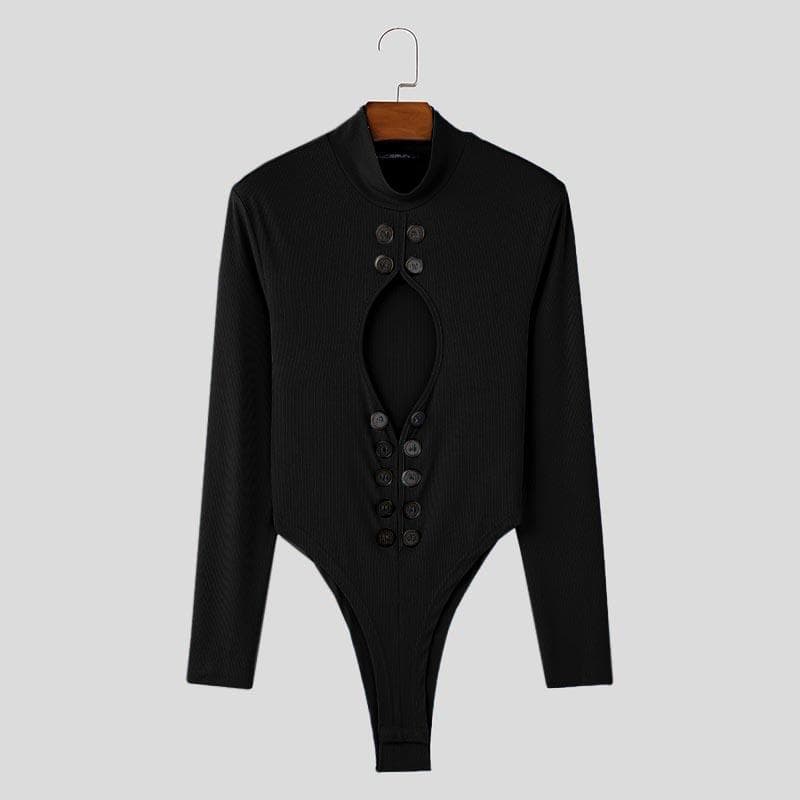 INCERUN Men Mockneck Hollow Long Sleeve Skinny Jumpsuits Bodysuits XL black