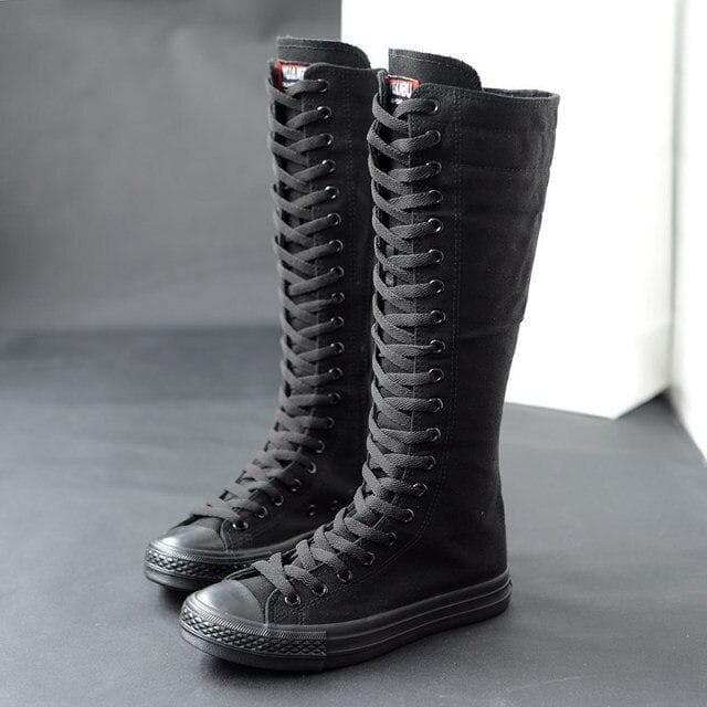 Autumn Women Shoes Canvas Casual High Top Shoes Long Boots Lace-Up Zipper Comfortable Flat Boots Sneakers 40 black