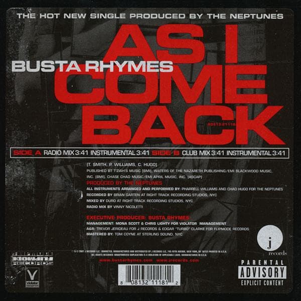 12inch Record BUSTA RHYMES - As I Come Back 80813211181,J1P J Records 2001 US Rap & Hip-Hop/R&B Used