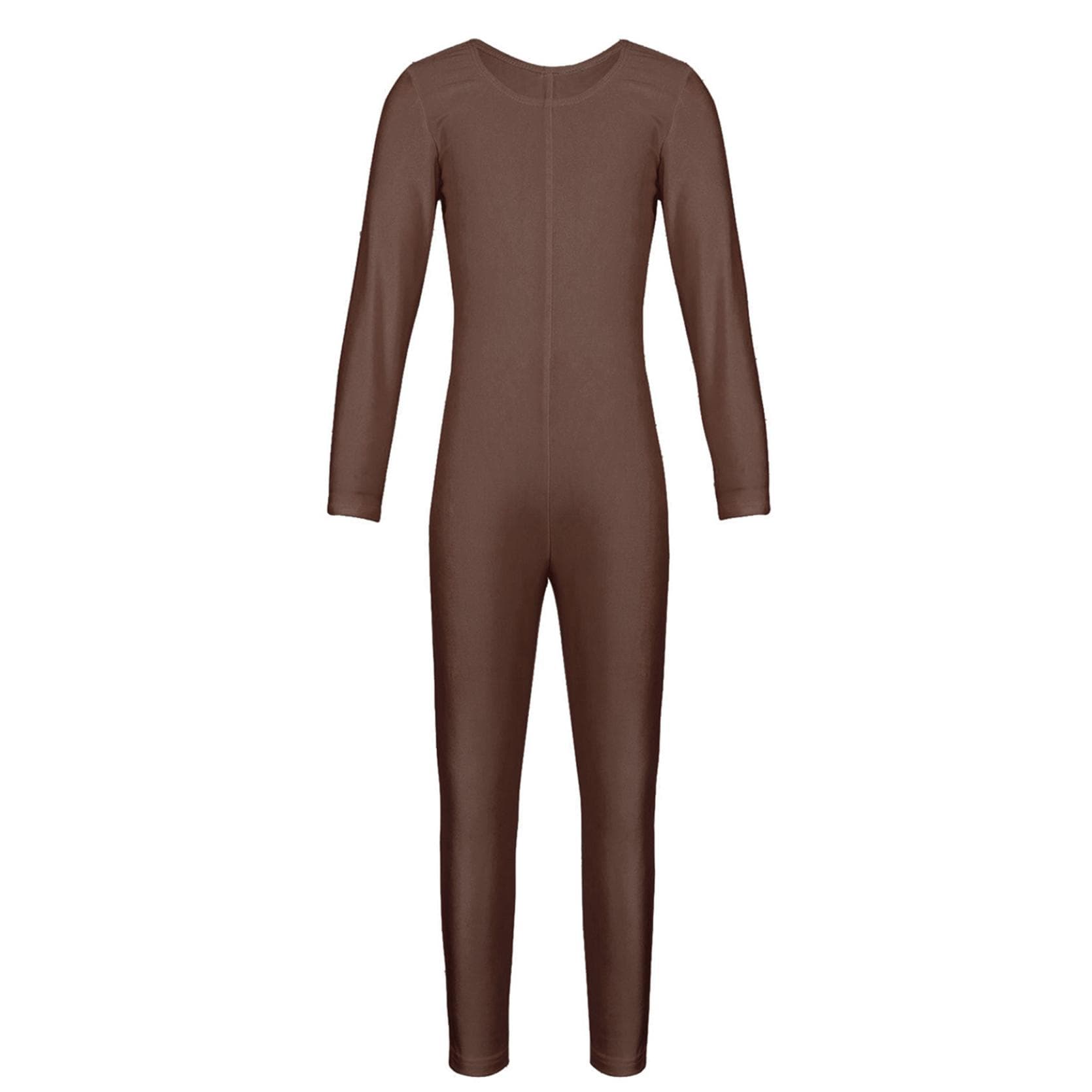 Kids Girls Long Sleeve Ballet Dance Gymnastics Leotard Jumpsuit Unitard Solid Color Zipper Stretchy Bodysuit 7-8 Years brown