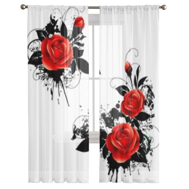 Red And Black Rose Flowers Sheer Curtains For Living Room Bedroom Tulle Curtains Kitchen Window Treatments Panel Drapes 135W x 114H(cm)