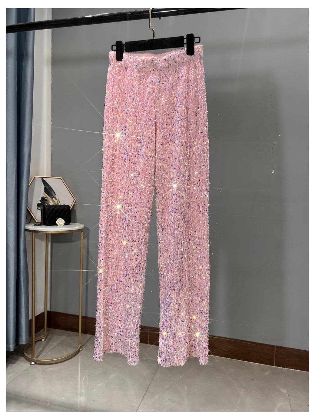 Women's Korean Velvet Sequined Wide-Leg Pants: Slim-Fit, Floor-Length, Shiny Drape Casual Wear for Autumn and Winter Medium