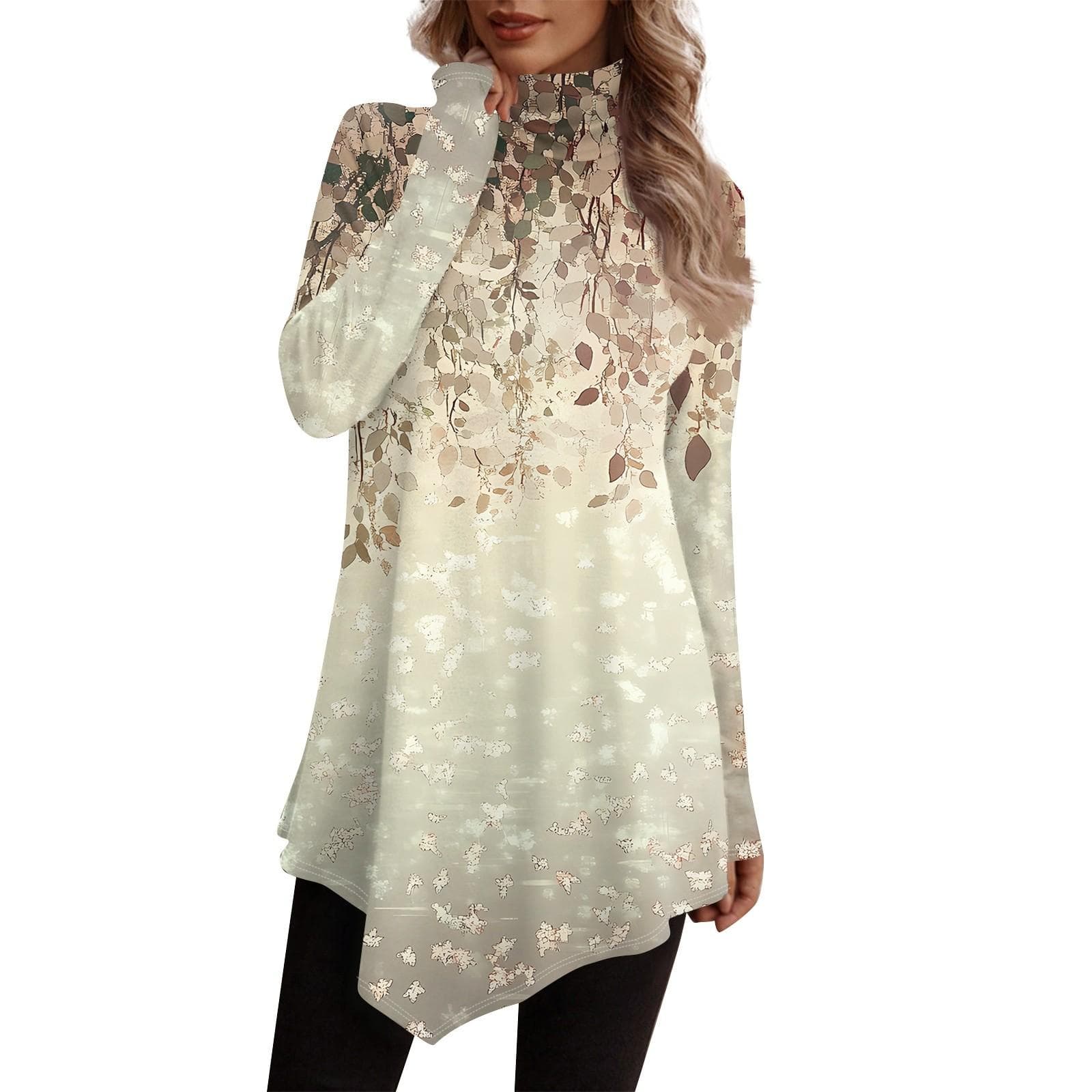 Casual Fashion Print Shirt Tops High Neck Irregular Hem Long Sleeve Pullover Tops XXL light brown