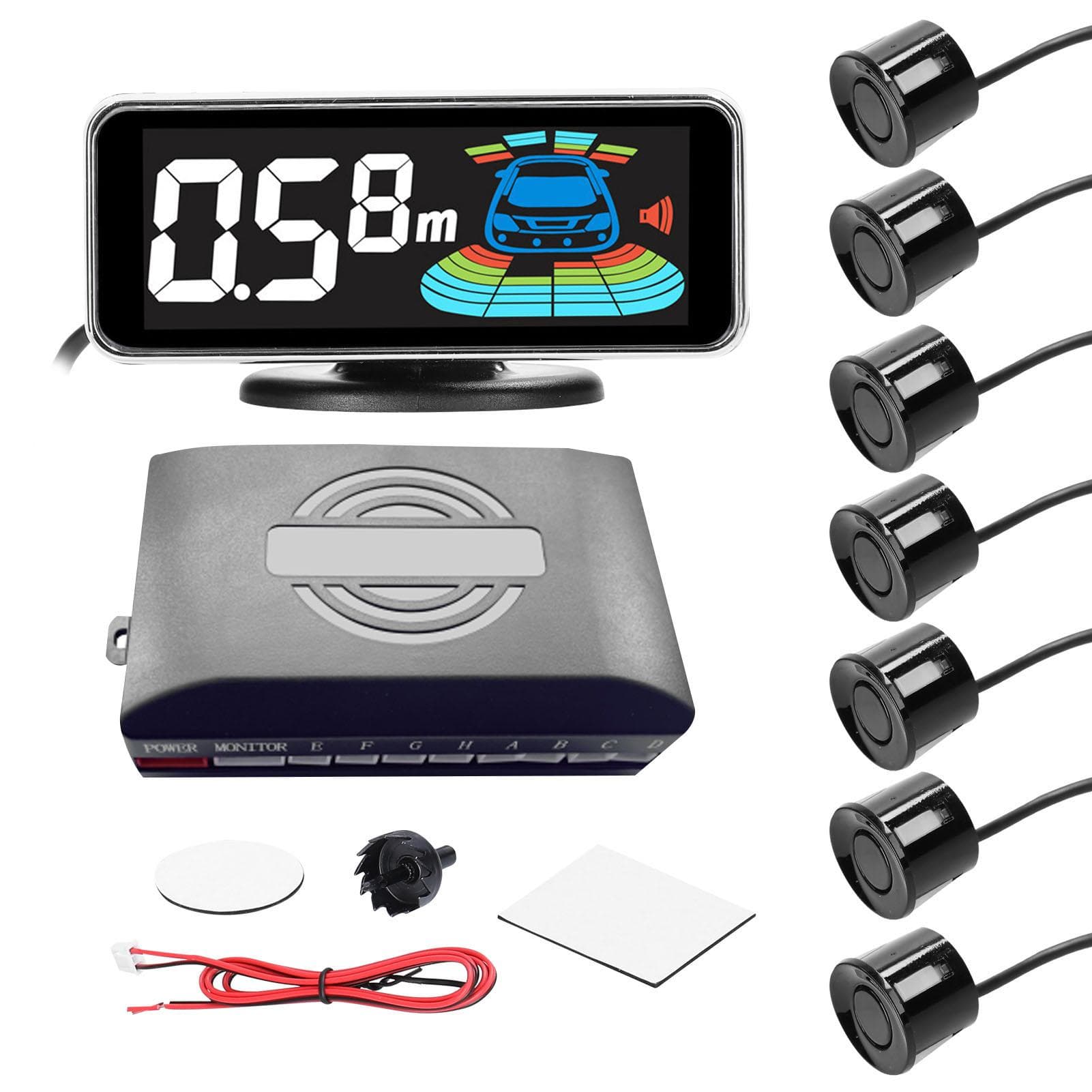 Car Parking Sensor Rear Reversing Radars System with 8 Parking Sensors Distance Detection LCD 8pcs Probe black