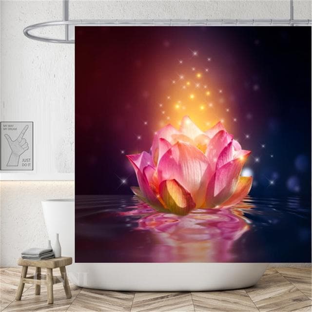 Rural Landscape Creek Stone Lotus Buddha Shower Curtain Bathroom Curtain Fabric Waterproof Polyester Bathroom Curtain with Hooks 180*200CM