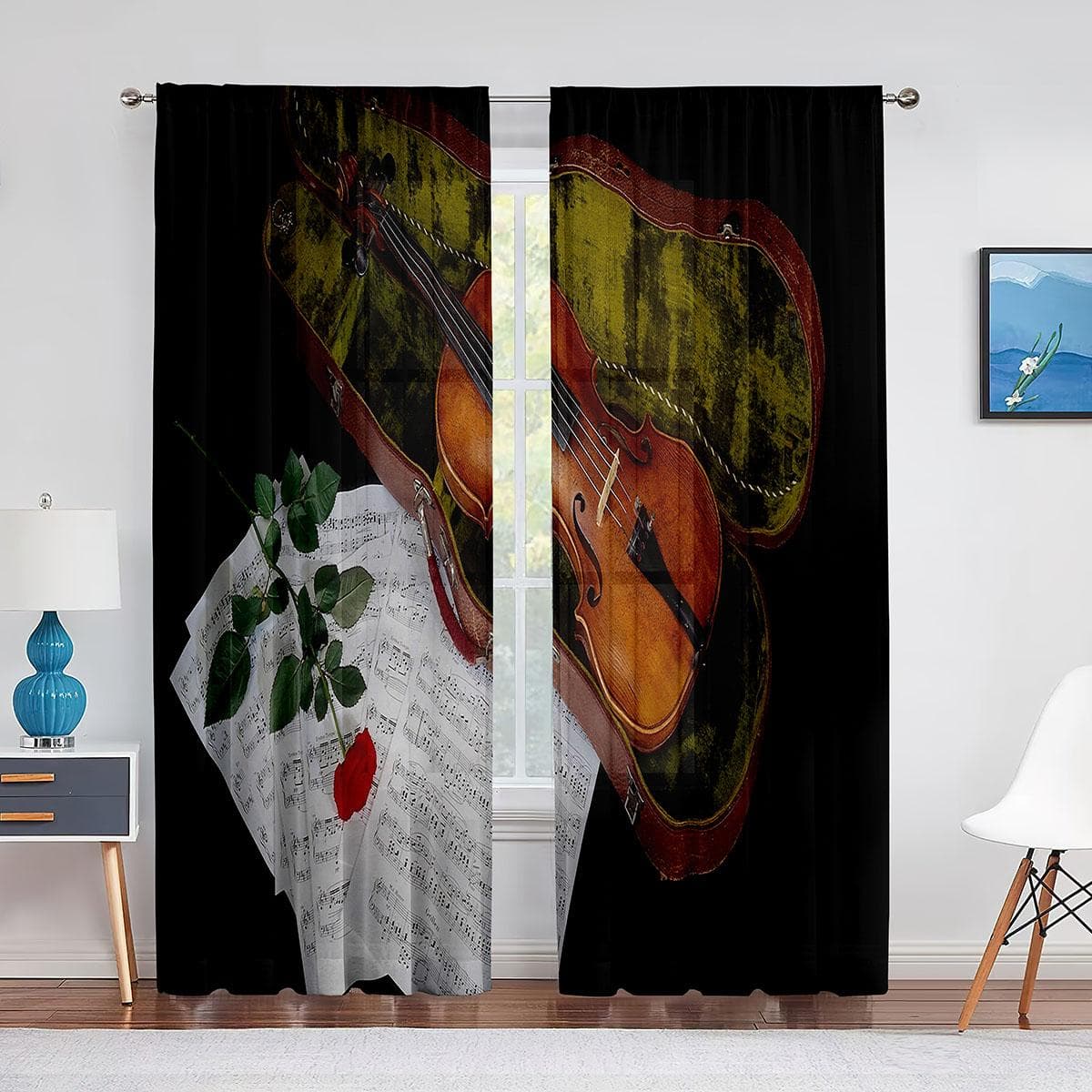 Vintage Violin on Wooden Sheer Voile Curtains for Living Room Bedroom Chiffon Tulle Curtains Kitchen Window Treatments Drapes 1 PCS W100XH250cm&Grommet Top