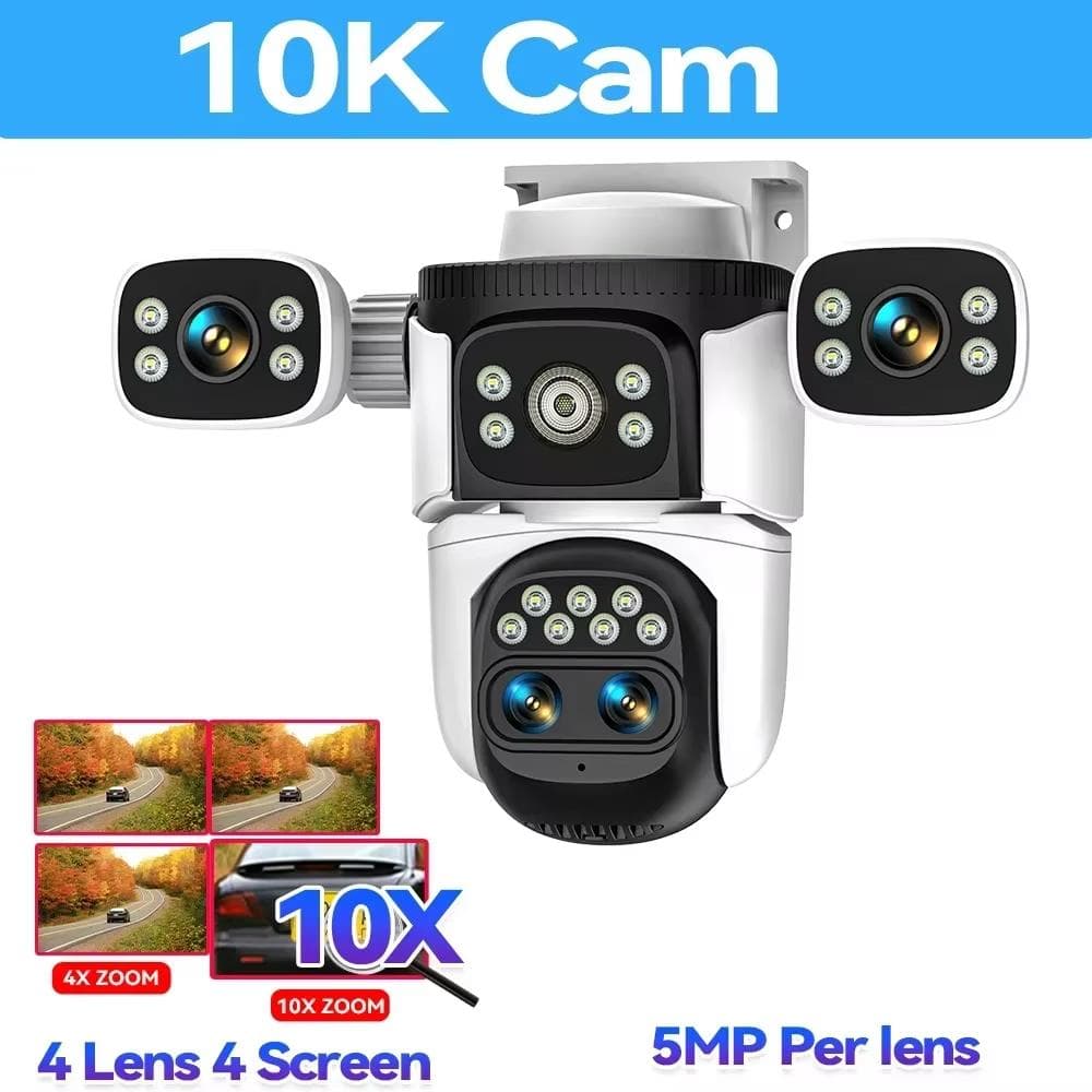 10K Home Security WiFi Camera Four Lens Four Screen PTZ 360° 10X Optical CCTV Auto Tracking 20MP Wireless Surveillance IP Cam 10K Camera