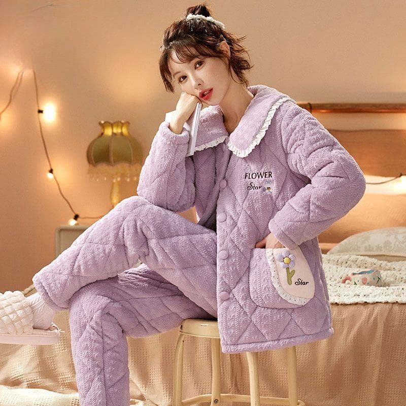Coral Velvet Pajamas Women's Winter Three Thick Flannel Quilted Jacket Korean Cashmere Women's Homewear Set Can Be Worn Outside 2XL