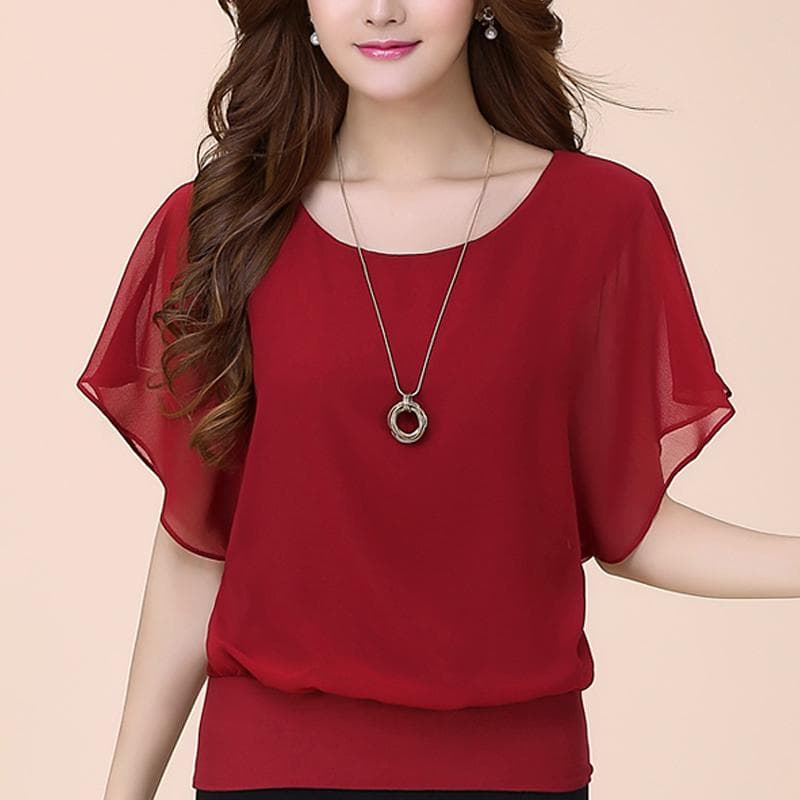 Casual Women Chiffon Blouse Female Solid Short Sleeve Ruffle Batwing Short Shirt Summer Beach Plus Size 4X wine red