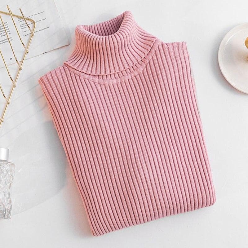 Fashion Slim Fit Knitted Tops Office-lady Long Sleeve Soft Sweater Women 2023 Autumn Winter Elegant Turtleneck Pullovers 28980 One Size pink
