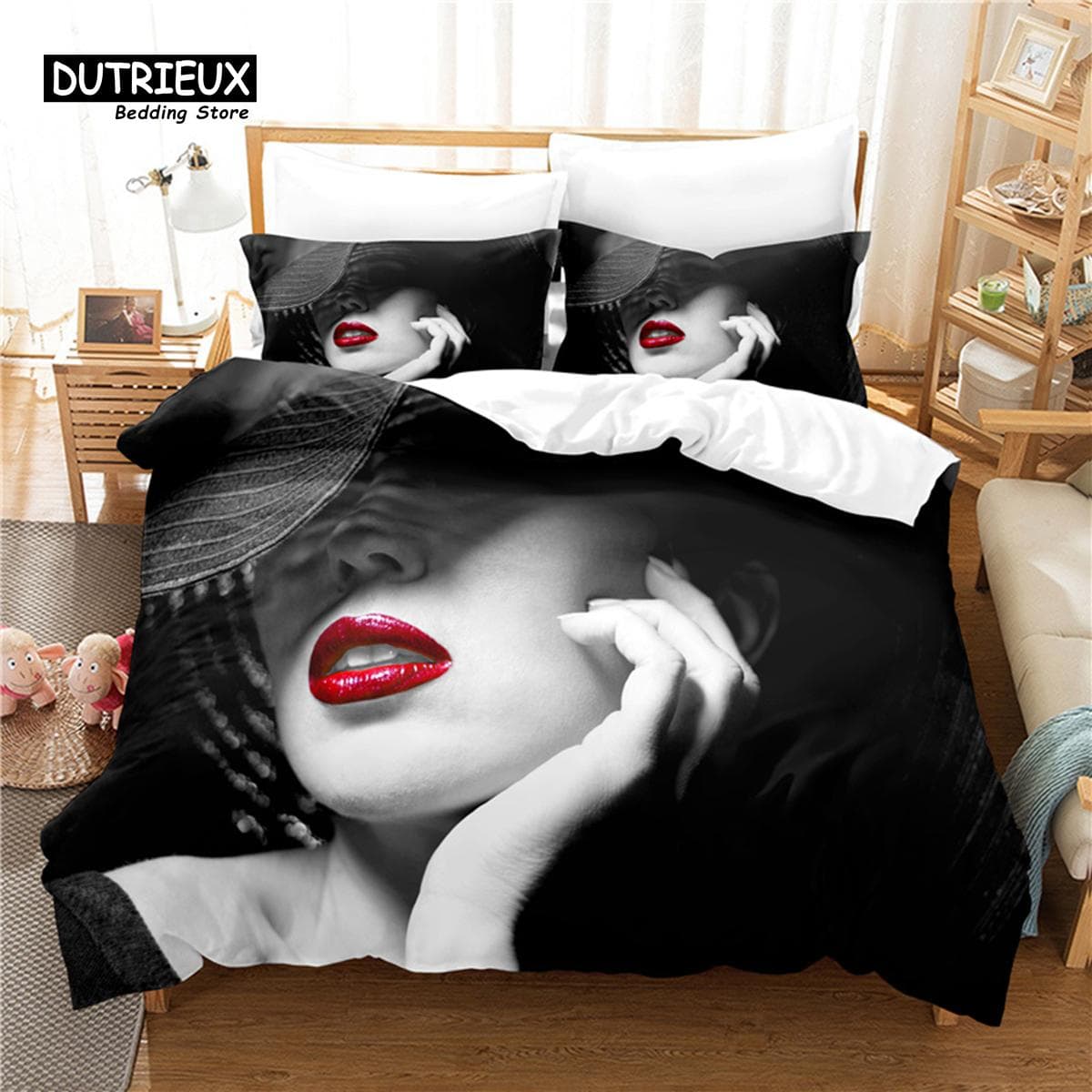 Red Lipped Beauty Bedding Set, 3Pcs Duvet Cover Set, Soft Comfortable Breathable Duvet Cover, For Bedroom Guest Room Decor EU single(135x200cm)