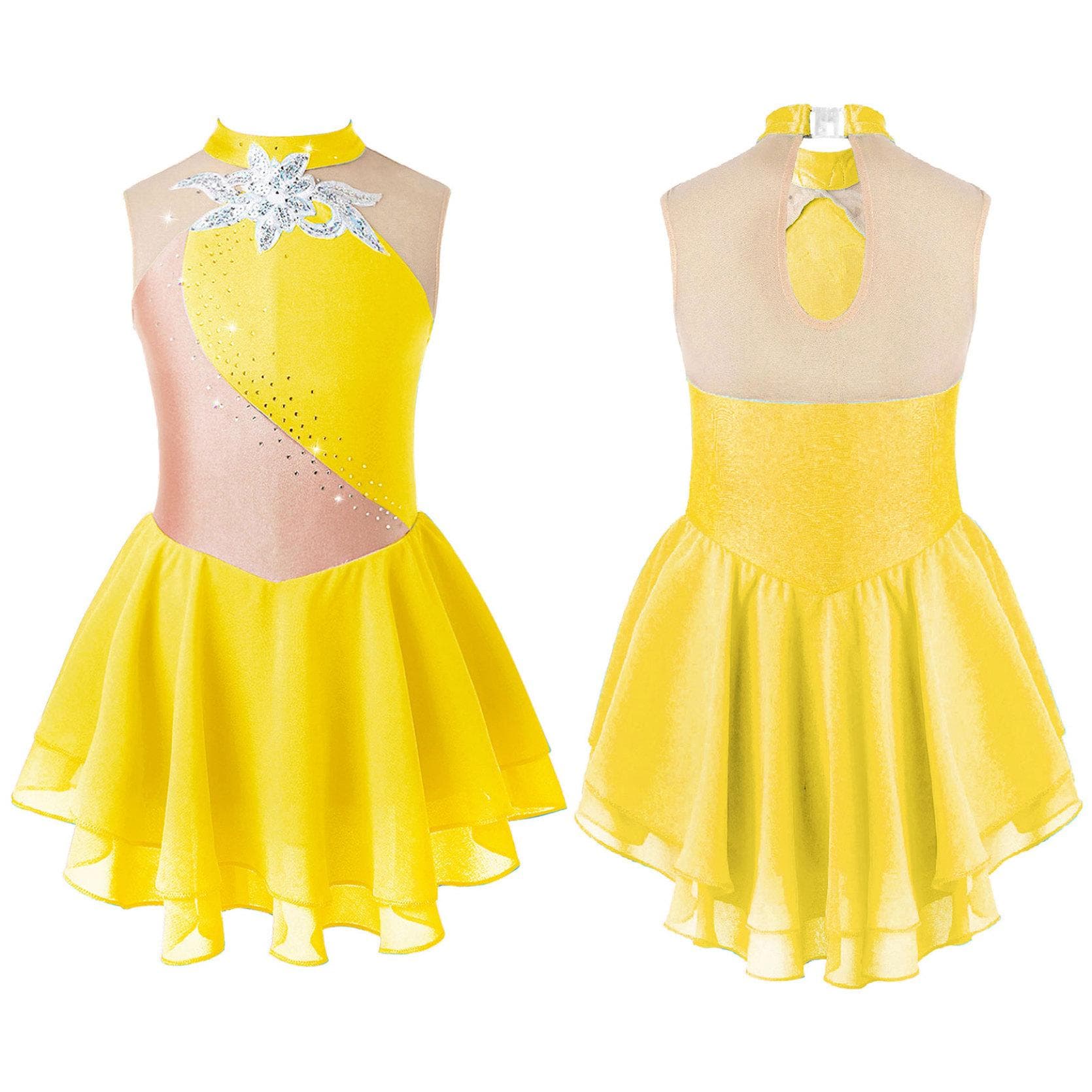 Gymnastics Leotards for Girls Sleeveless Rhinestone Ice Skating Dress Floral Dance Dresses 11-12 Years yellow
