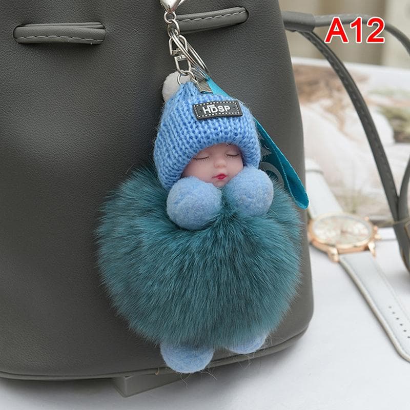 Pompom Sleeping Baby Keychain Cute Fluffy Plush Doll Keychains