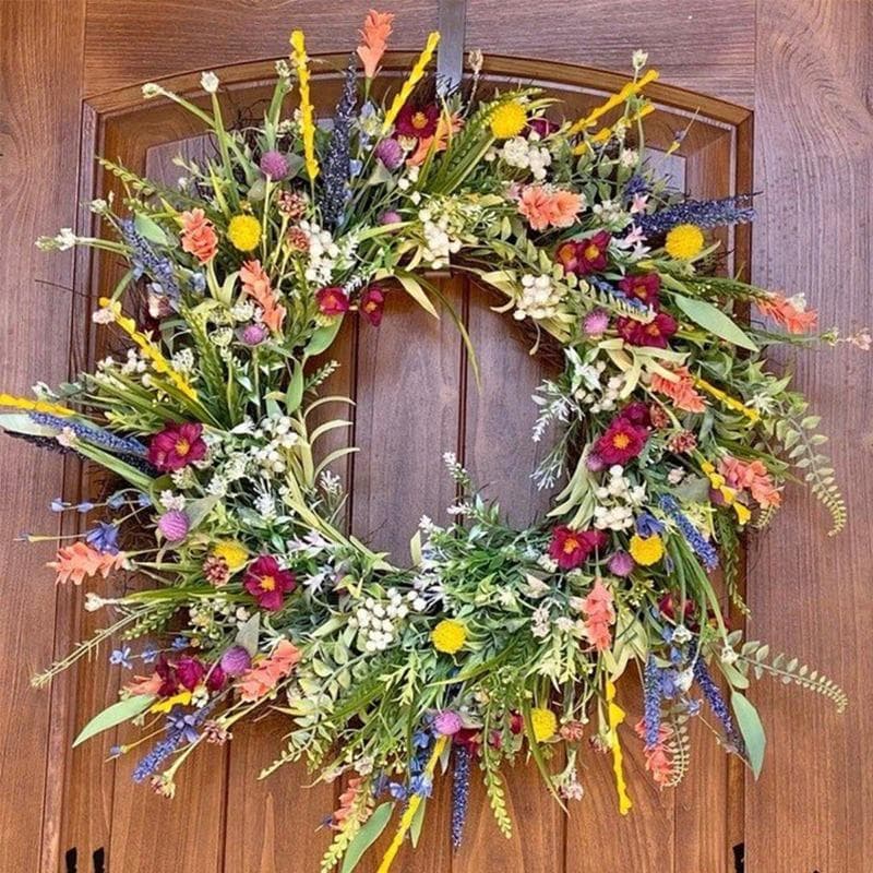 45CM Farmhouse Colorful Cottage Wreath, Wildflower Wreath for Front Door Decorations, Versatile Decor Spring Floral Wreath Decorated multicolour