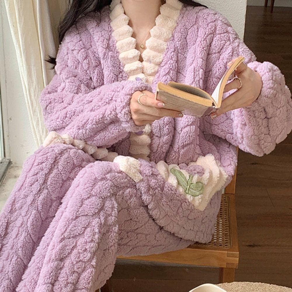 Sweet Plush Fleece Sleepwear Set Patchwork Flower Flannel Pajamas Women Nightwear with Pockets Winter Nightdress Girls 2XL