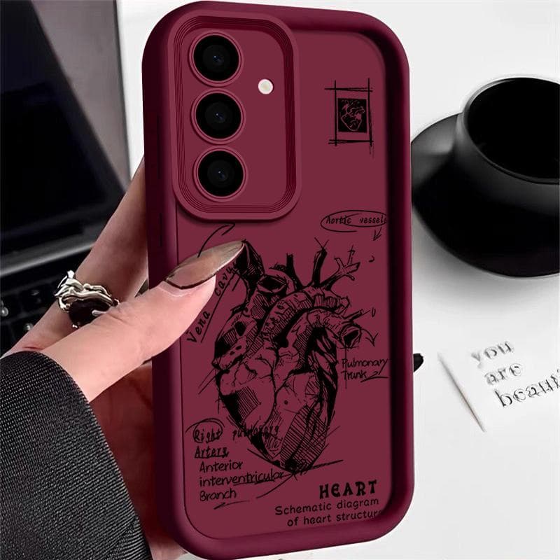 For Samsung S25 Ultra S24 FE S23 S22 A56 A36 A55 A16 A15 A35 A17 A37 A57 5G S26 Case Heart Pattern Soft Silicone Shockproof Lens TPU Matte Phone Cover Samsung A16 wine red
