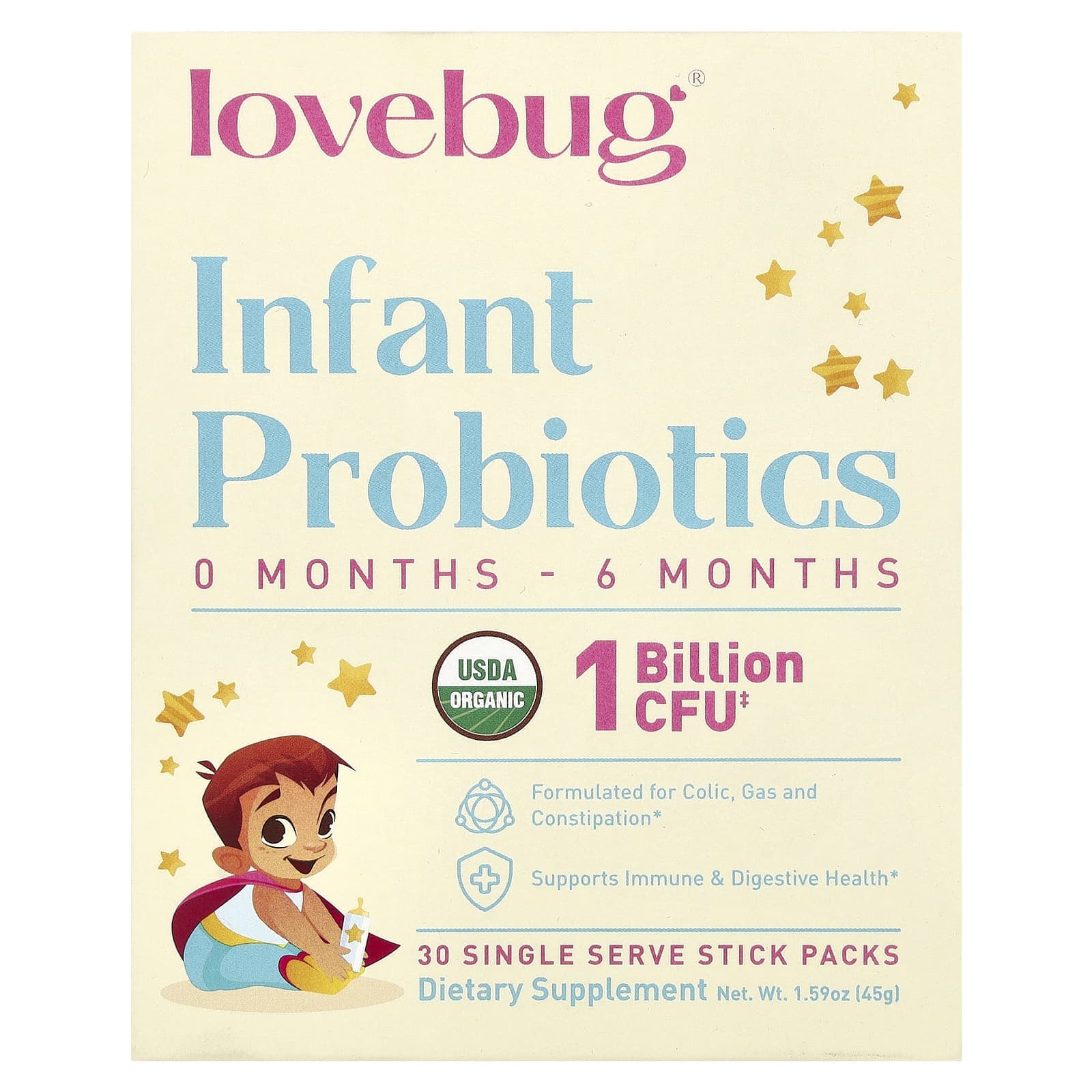 LoveBug Probiotics, Infant Probiotic, 0-6 Months, 1 Billion CFU, 30 Serving Stick Packs, 0.05 oz (1.5 g) Each