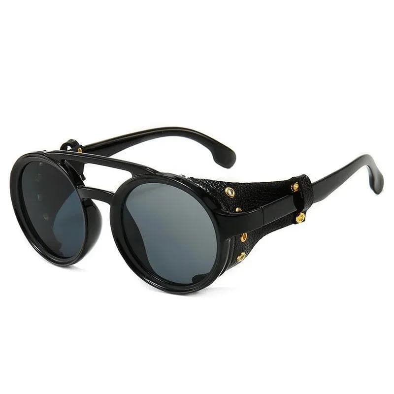 Vintage Retro Sunglasses with Side Leather Round Eyewears for Mens Womens Cyber Punk Glasses UV400