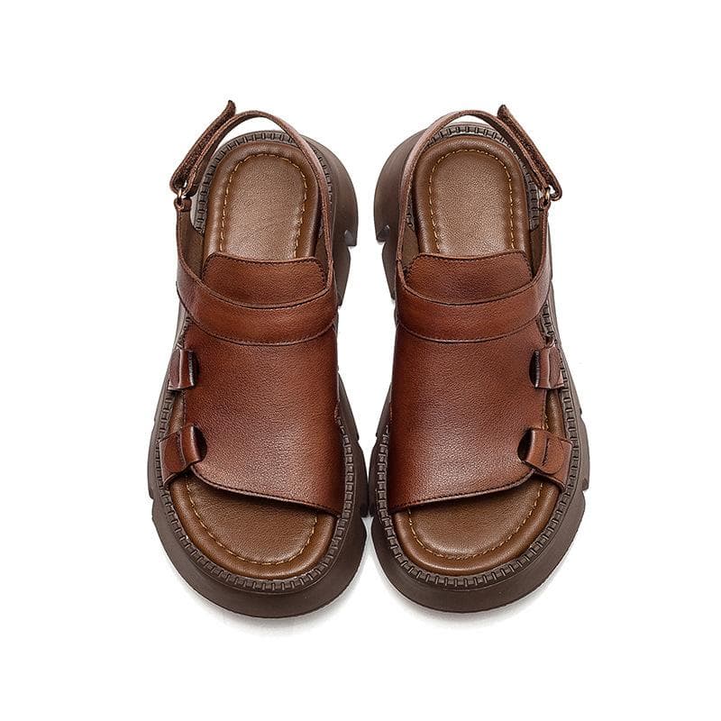 Johnature Genuine Leather Casual Thick Sole Peep Toe Sandals Hollow Breathable Women's Platform Shoes 38 brown