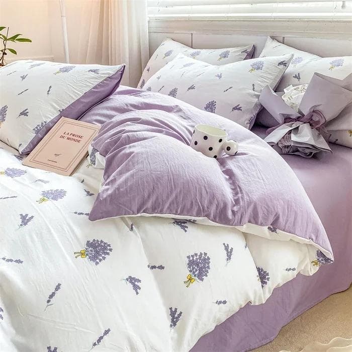 Purple Floral Lavender Duvet Cover Set 3 Pieces Botanical Wildflower Bedding Set Soft Reversible Comforter Cover with Pillowcase Double 180x220cm