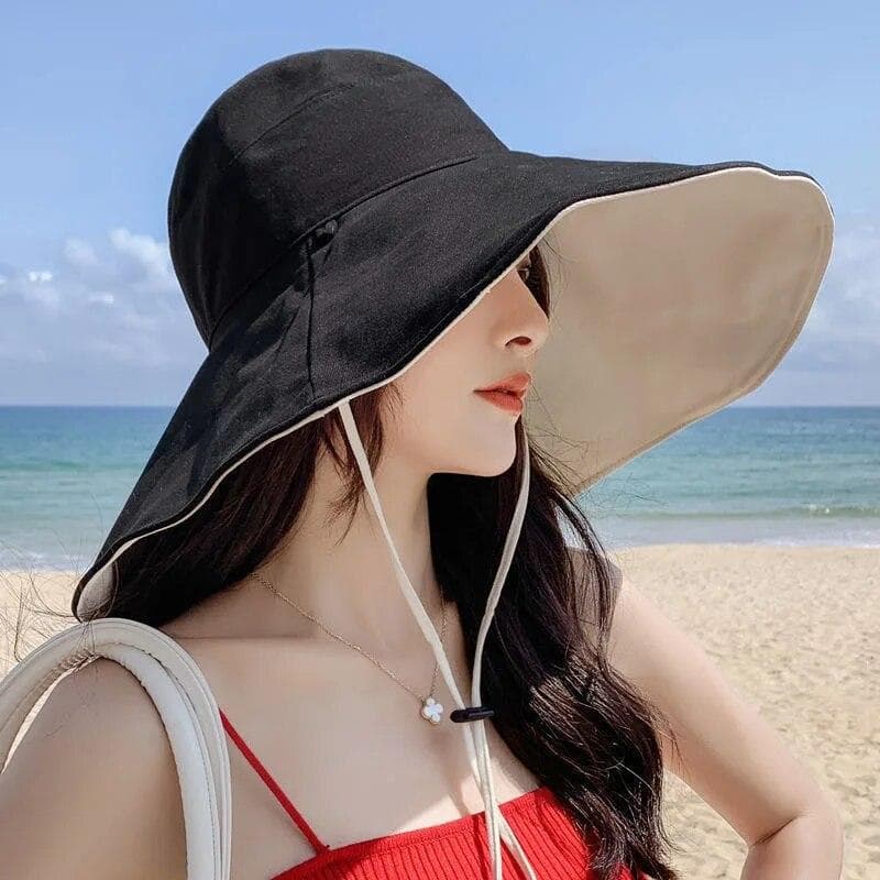 Wide Brim UPF 50+ Sun Hat Women Anti-UV Protection Hiking Fisherman Cap Fold Summer Solid Beach Hat 2024 Double sided Sun hat black