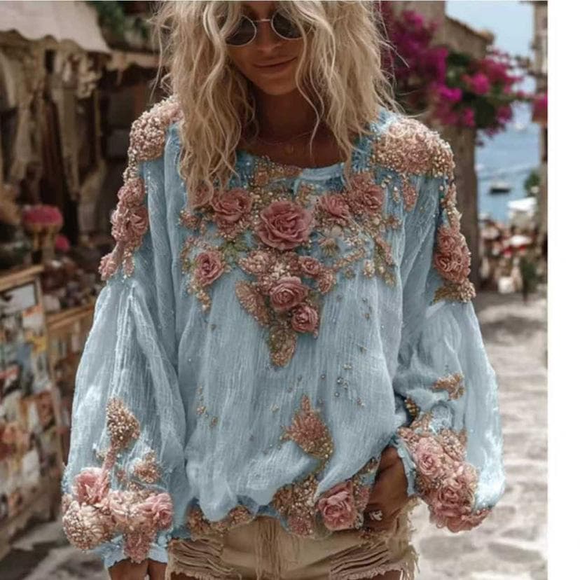 New 3D Printed Retro Bohemian Women's Round Neck Top 5X-Large