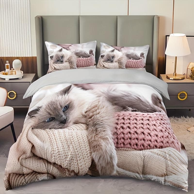 3pcs Lazy Cat Animal Duvet Cover Set Soft Comfortable And Breathable HD Printing Bedding For Home Dorm Eu Single135x200cm