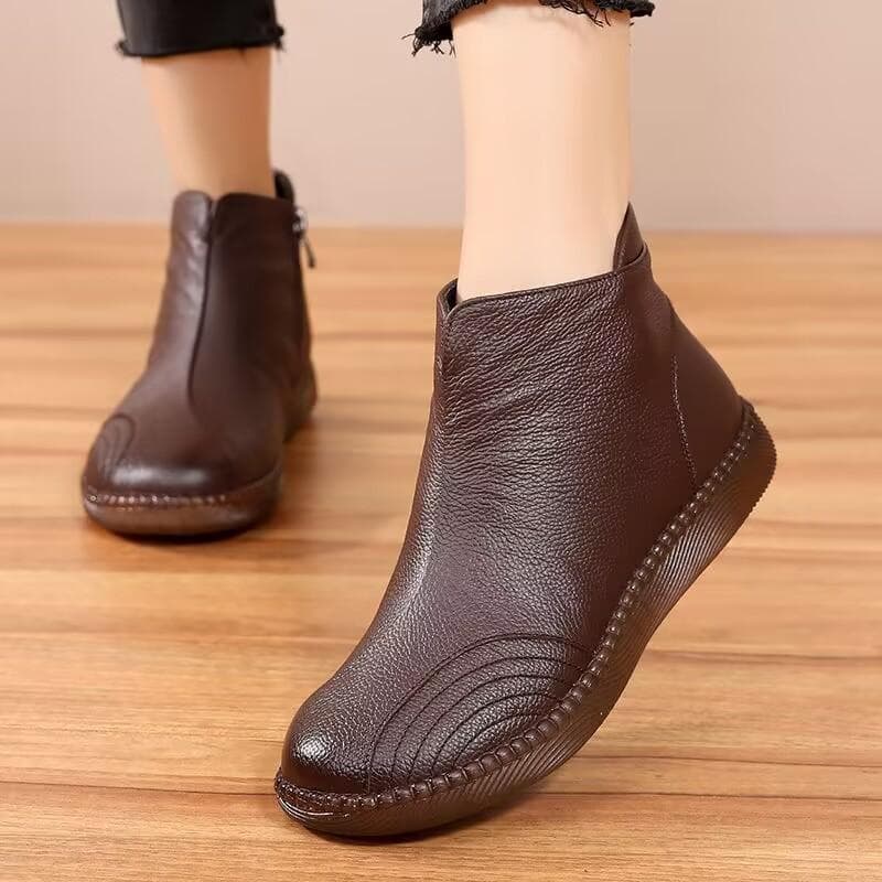 2024 New Autumn Winter Handmade Genuine Leather Women's Ankle Boots Lady Soft Flat Shoes Comfortable Casual Black Boots Big Size 36 brown
