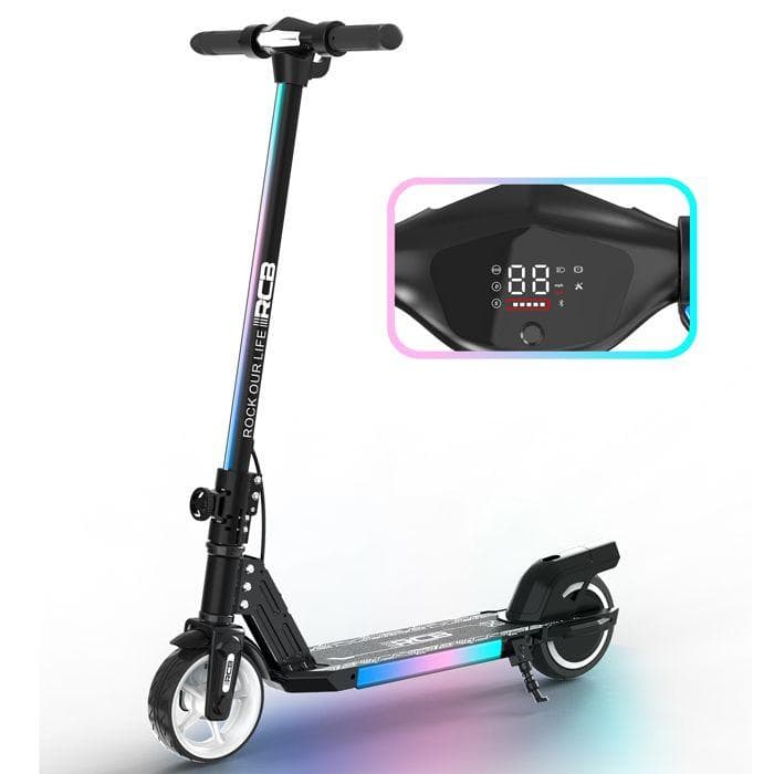 RCB R12 Foldable Electric Scooter for Kids - Digital Display - Colorful Neons - Super Black Gift