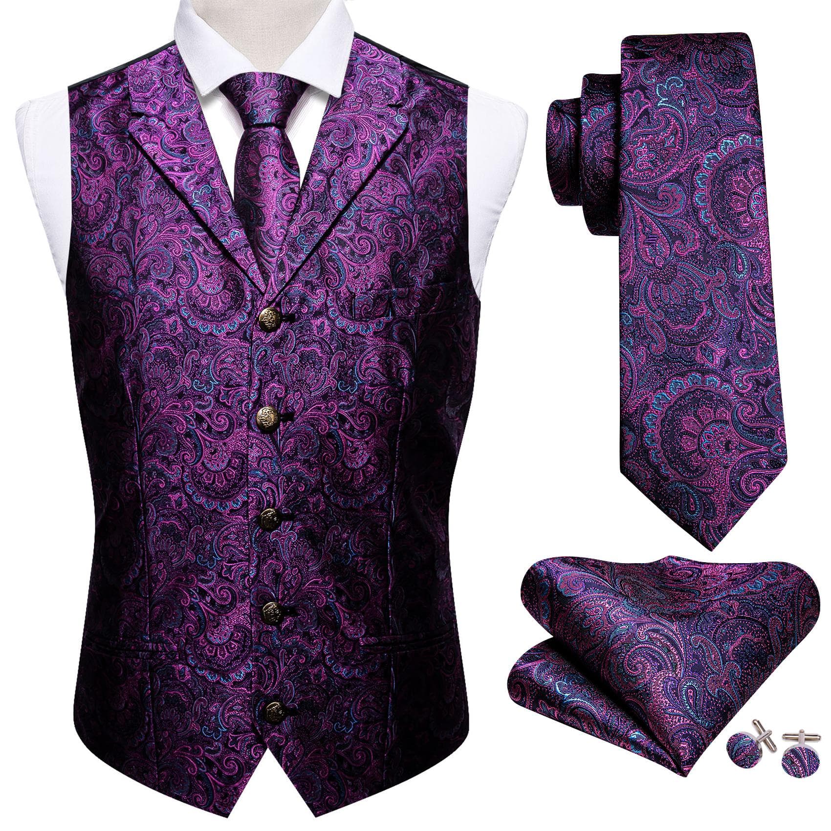 Barry.Wang Mens Waistcoat Vest Tie Hankerchief Cufflinks Dark Red Paisley Collar Copper Buckle Jacquard Woven Silk Wedding Dating Party Set M