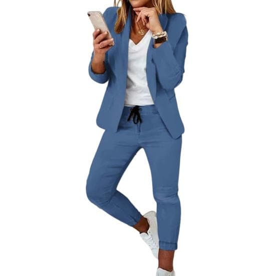 2 Pcs/Set Women Coat Pants Set Business Set Long Sleeves Solid Color Drawstring Elastic Waist Lapel Slim Fit Pants Blazer Trousers Suit 2XL blue