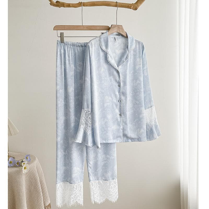 Pajamas Silk Satin Long Sleeve Shirts Home Clothes Casual Printed Pajamas Women's Underwear Home Clothes XL blue