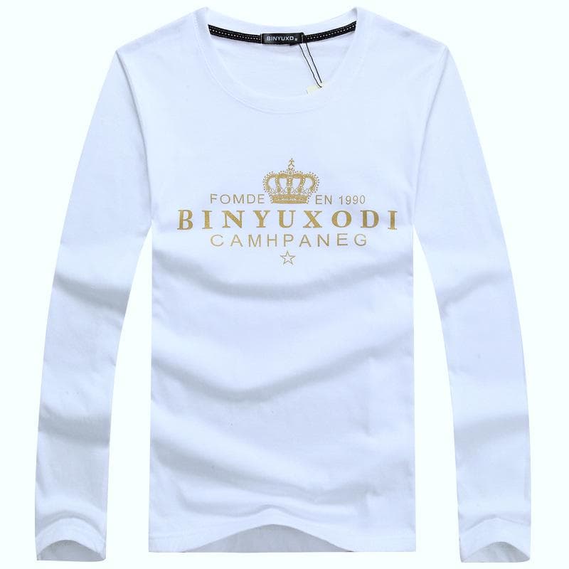 S-5XL Men Long Sleeved T-shirt Round Neck Cotton Winter Casual Tee Large Size Loose Pullover Shirt M white