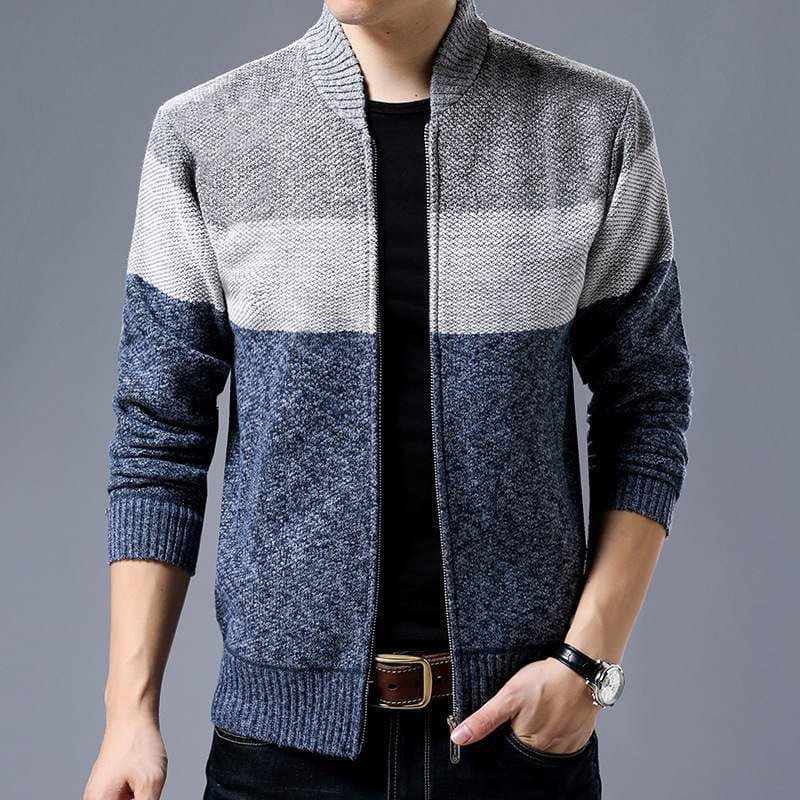 Spring Winter New Men's Cardigan Single-Breasted Fashion Knit Plus Size Sweater Stitching Colorblock Stand Collar Coats Jackets XXL light grey