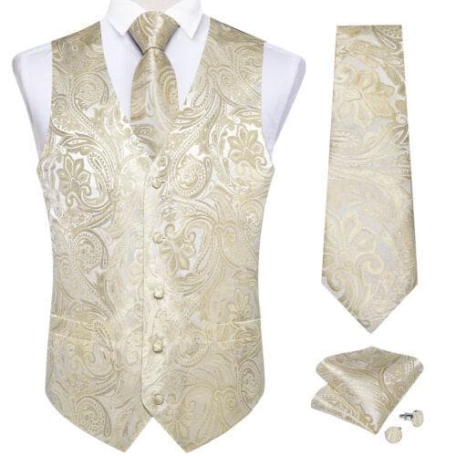 Dibangu Mens Yellow Paisley Vest Suit Waistcoat Hanky Cufflinks Tie Set Wedding L